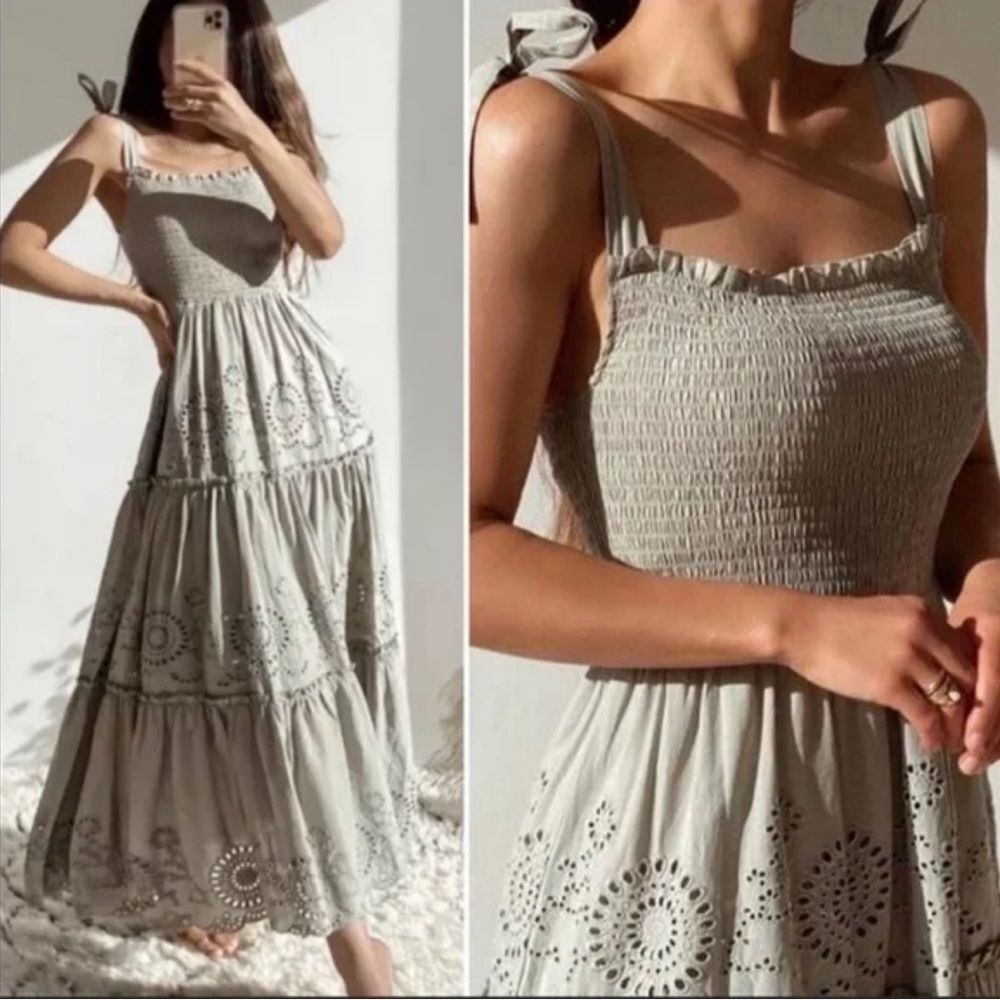 Zara Gray Maxi Dress with Eyelet Details